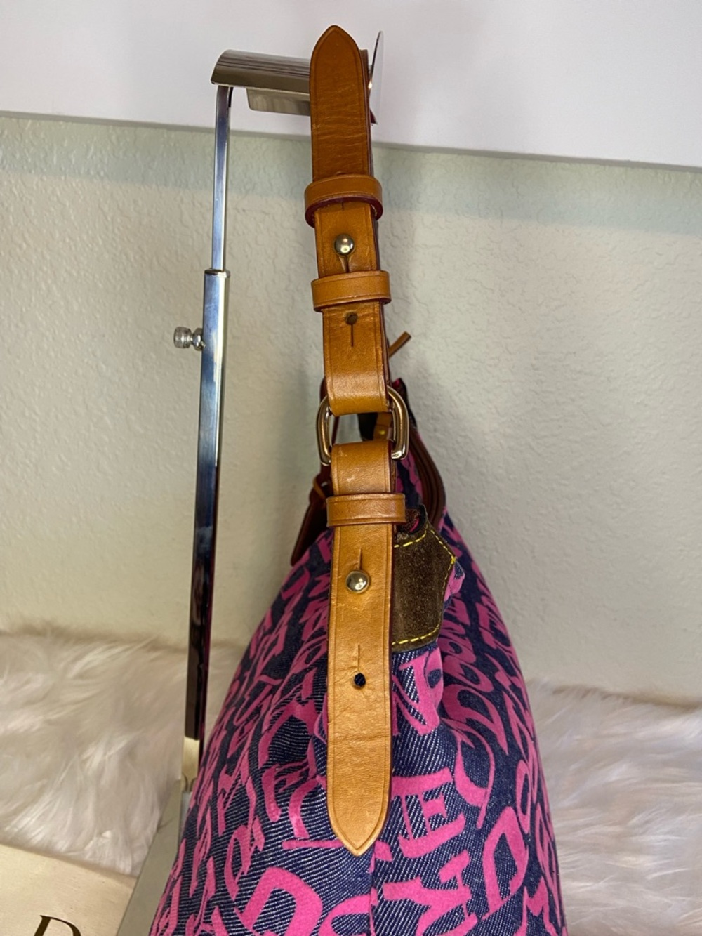 Dooney & Bourke Pink and Blue Logo Canvas Shoulder Bag - Picture 6 of 13